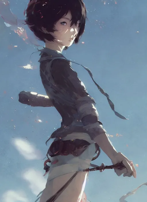 Image similar to a young japanese woman with very short hair looking to the skies, cinematic lighting, dramatic atmosphere, artwork by dustin nguyen, akihiko yoshida, greg tocchini, greg rutkowski, cliff chiang, 4 k resolution, trending on artstation,