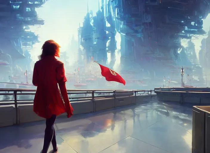 Image similar to gorgeous inspiring girl waving a red flag over her head enthusiastically walking through Mandelbrot fractal futuristic bustling utopian city by Craig Mullins, ilya kuvshinov, krenz cushart, artgerm trending on artstation by Edward Hopper and Dan Mumford and WLOP and Rutkovsky, Unreal Engine 5, Lumen, Nanite