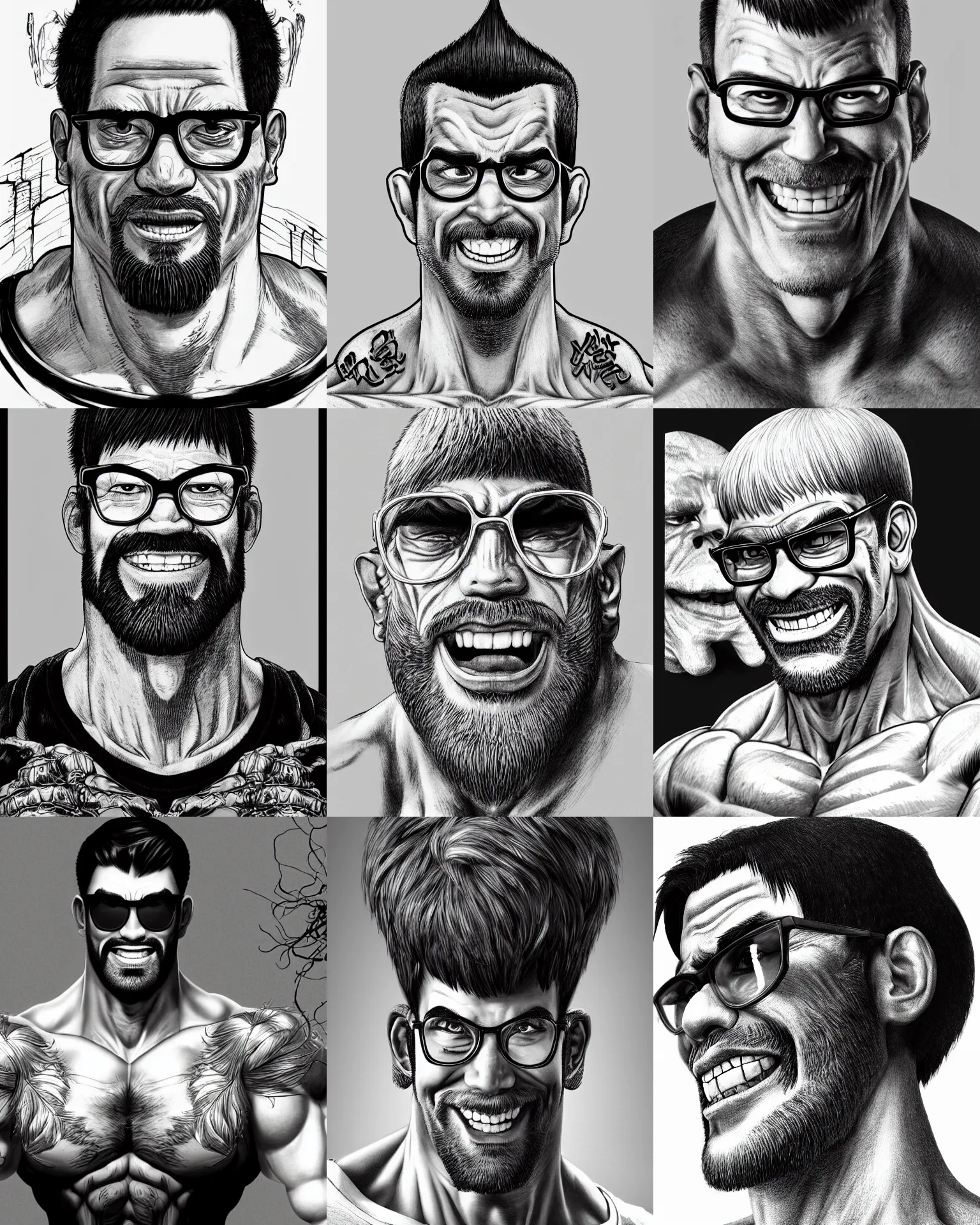 Prompt: highly detailed ink illustration of a buff smiling man with long stubble, muscular neck, huge square glasses and a black bowl cut, wearing a black tshirt, unreal engine, octane render, b & w clean shaped illustration by kim jung gi, ron english and eiichiro oda