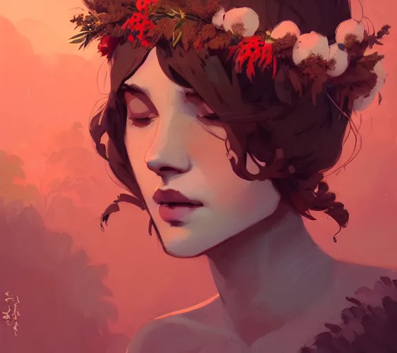 Image similar to portrait of forest godess with cotton flower crown, by atey ghailan, by greg rutkowski, by greg tocchini, by james gilleard, by joe fenton, by kaethe butcher, by ashley wood, dynamic lighting, gradient light red, brown, blonde cream and white color scheme, grunge aesthetic