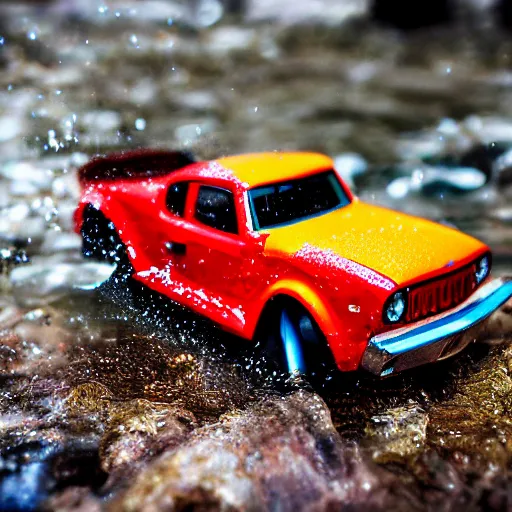 Prompt: macro photography of a toy hot wheels car driving through a creek in the rain, 3 5 mm