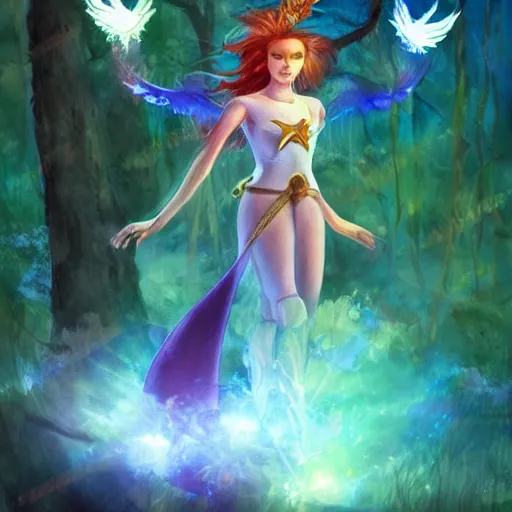 Image similar to a powerful magical angel warrior in a magical forest, superhero, bright, odd face