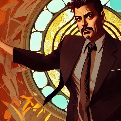 Image similar to George Clooney as Tony Stark, ambient lighting, 4k, alphonse mucha, lois van baarle, ilya kuvshinov, rossdraws, artstation