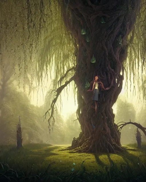 Image similar to highly detailed surreal vfx portrait of a cursed object in a shadowy forest by a willow tree, stephen bliss, unreal engine, greg rutkowski, loish, rhads, beeple, makoto shinkai and lois van baarle, ilya kuvshinov, rossdraws, tom bagshaw, alphonse mucha, global illumination, detailed and intricate environment