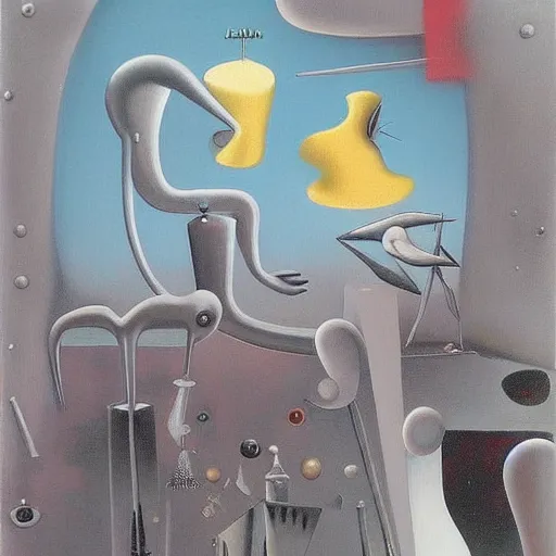 Image similar to Oil painting by Yves Tanguy. Mechanical gods with bird faces kissing. Oil painting by Lisa Yuskavage.