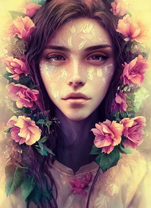 Image similar to beautiful, young woman, extremely detailed gorgeous face, looks realistic, hyper-detailed portrait, sad eyes tears, vaporwave aesthetic, synthwave, magical, fantasy, flowers, artist Artgerm i and WLOP