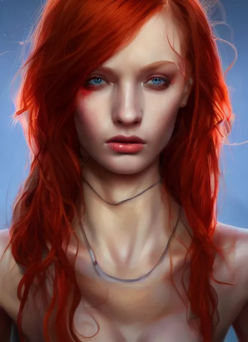 Image similar to Beautiful redhead girl which chest wrapped in bandages, portrait, fantasy, medieval, vivid colors, fantasy, elegant, concept art, sharp focus, beautiful face, digital art, Hyper-realistic, 4K, Unreal Engine, Highly Detailed, HD, Dramatic Lighting by Brom, trending on Artstation