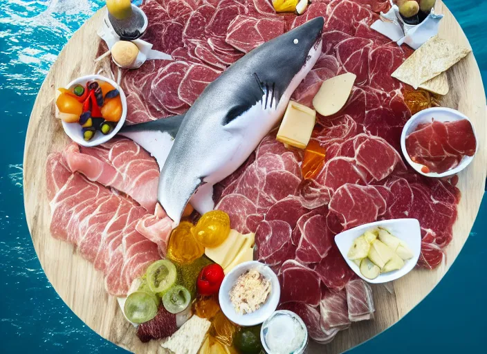 Image similar to underwater photo still of a great white shark eating a charcuterie platter, 8 k