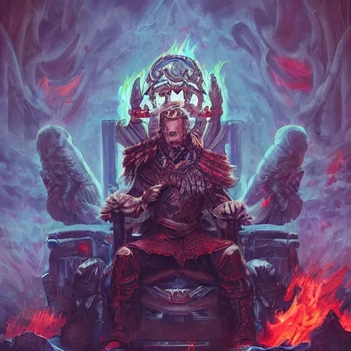 Image similar to Joe Biden sitting on a throne of skulls surrounded by fire, digital painting, highly detailed, trending on Artstation