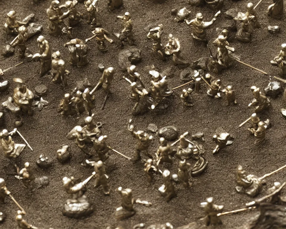 Image similar to close-up, hi-res photo of miniature tin soldiers navigating a zen garden.