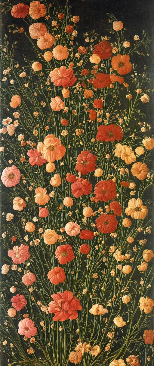 Image similar to oil painting of many various flowers on a dark background, painted by Sandro Botticelli, the flowers are floating and are seen from the side, dark atmosphere, realistic flowers oil painting