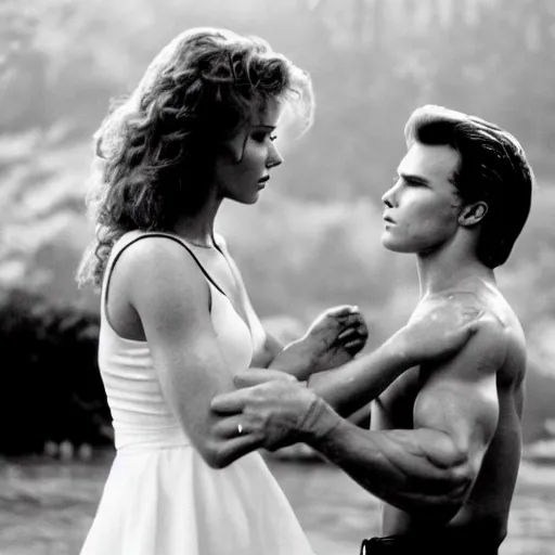 Image similar to portrait shot of young arnold schwarzenegger holding close dirty dancing in the rain with jennifer lawrence beautiful white wet dress, 5 0 mm kodak, beautiful light, best lense, 9 0 s romantic comedy, 4 k