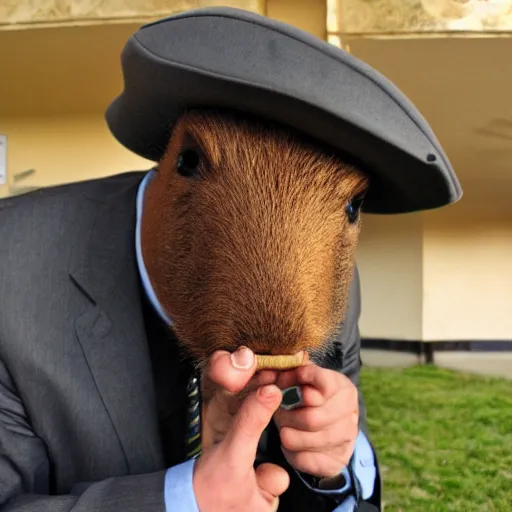 Image similar to smoking cigar, a man wearing a suit capybara head wearing a hat (smoking cigar)