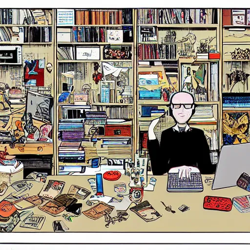 Prompt: goth nerd sitting at a computer in a cluttered room, by geof darrow, geof darrow art,