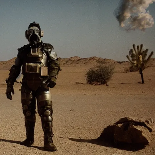 Image similar to a heavily armored man wearing a gasmask, in the desert, film still, panavision panaflex