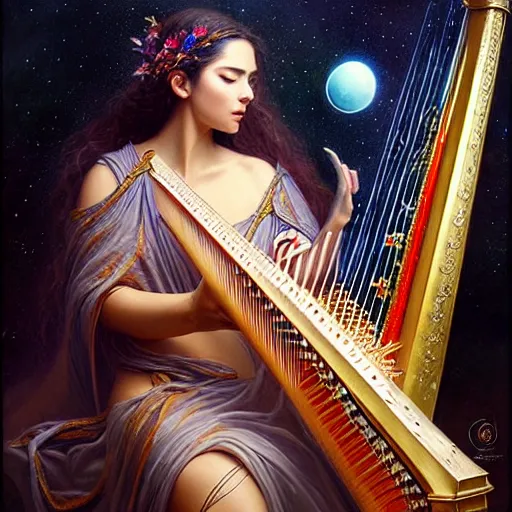 Prompt: a high quality realistic portrait of a very very beautiful! celestial goddess of life playing a mystical exotic looking harp and springing life into the universe, highly detailed, intricate, sharp focus, fantasy, mystical, dreamlike, by WLOP and greg rutkowski