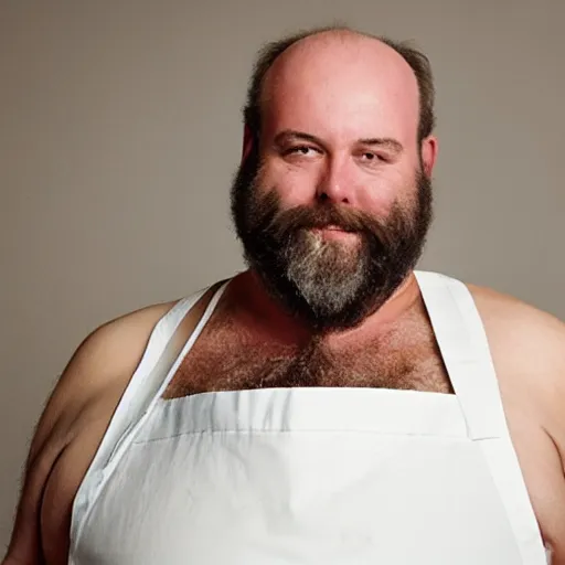 Image similar to photograph of a heavyset middle aged balding French man with a beard, a hairy chest and a pot belly wearing an apron