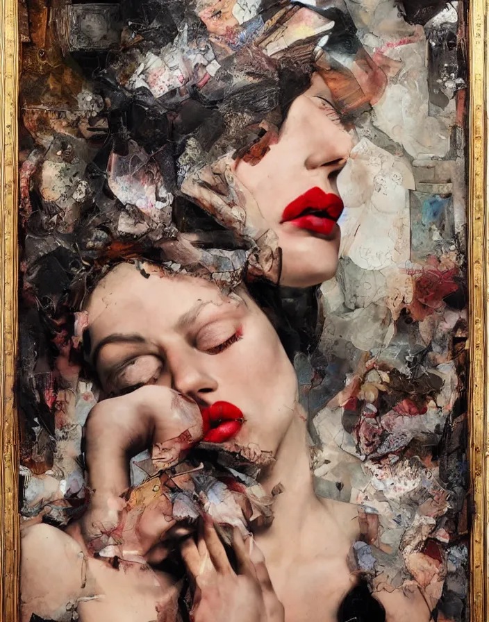 Prompt: languid celestial orgasm of sophisticated bodies detailed mixed media collage with canvas texture in style of contemporary art, punk art, hyperrealistic beautiful face, photorealism, expressionism, masterpiece, perfect composition, spectacular quality, intricate oil details