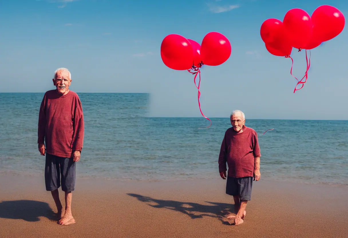 Prompt: a photo of old man on the beach holding red balloons., sharp focus, ground level view