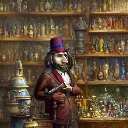 Image similar to Anthropomorphized parrot trader in his shop, art by Greg Rutkowski, shelves full, selling a gem, portrait, items, magic potions, weapons, arcana, carpet, window, fancy funny hat, sly expression , cunning expression, cute expression, presenting magic gem, D&D, fantasy, cinematic lighting, highly detailed, digital painting, artstation, concept art, smooth, sharp focus, illustration, warm light, cozy warm tint, magic the gathering artwork, volumetric lighting, 8k, no gold, no gold colours