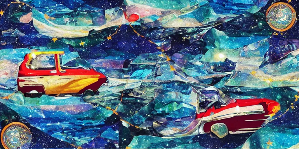 Prompt: river stars galaxy boat mountain phone car, collage artwork