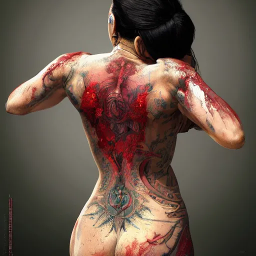 Prompt: zoomed out portrait painting of a muscular bloodied bengali woman lower back, tattooed, ultra realistic, concept art, intricate details, eerie, highly detailed, photorealistic, octane render, 8 k, unreal engine. art by artgerm and greg rutkowski and alphonse mucha