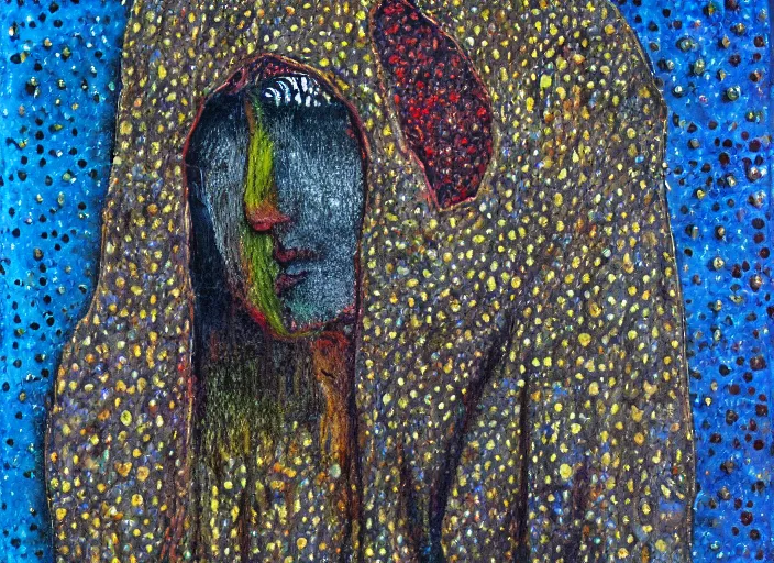 Prompt: dark figure in cloak, hooded shadow, oil, pastel, acrylic, oil on canvas, high detail, dots, stippling, clay, high resolution, clay, fractal, drip, drops, pulled apart, style of francis bacon, fractal paint