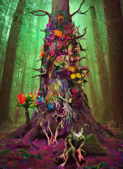 Prompt: a psychedelic surreal horror totem made of trees and multicolor flowers, magic creatures in the forest of chaotic spirit, fulcolor octane remder, cinematic, ultrarealistic