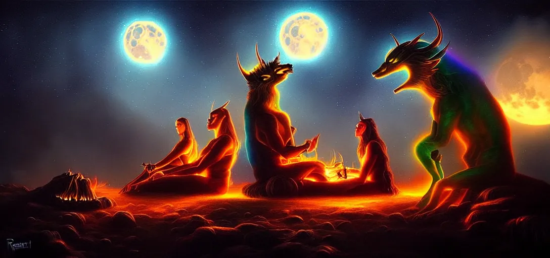 Image similar to uncanny!!! bifrost!!! mythical beasts of sitting around a fire under a full moon at bifrost, surreal dark uncanny painting by ronny khalil