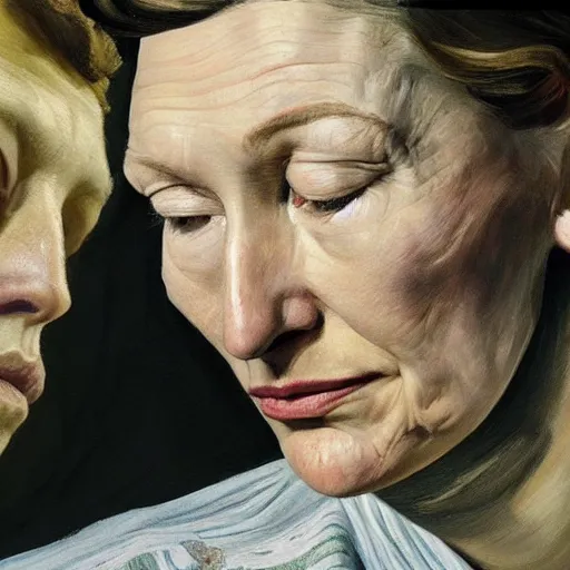 Image similar to high quality high detail painting by lucian freud, hd, cate blanchette thinking deeply, photorealistic lighting