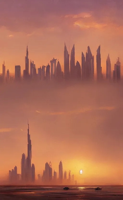 Image similar to oil painting of dubai skyline at sunset, natural light, concept art, by greg rutkowski, cozy atmospheric and cinematic lighting