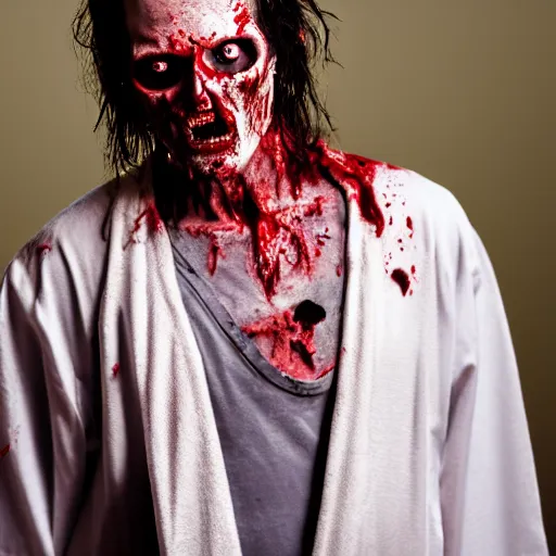 Image similar to a zombie wearing an eyepatch and a robe