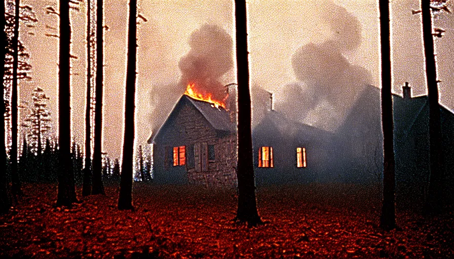 Prompt: 1 9 7 0 s movie still by andrei tarkovsky of a heavy burning french style little house in a small northern french village by night in autumn, pines forest, cinestill 8 0 0 t 3 5 mm, heavy grain, high quality, high detail, dramatic light, anamorphic, flares