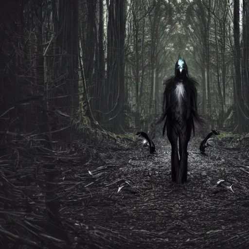 Image similar to werecreature consisting of a crow and a human, photograph captured in a dark forest