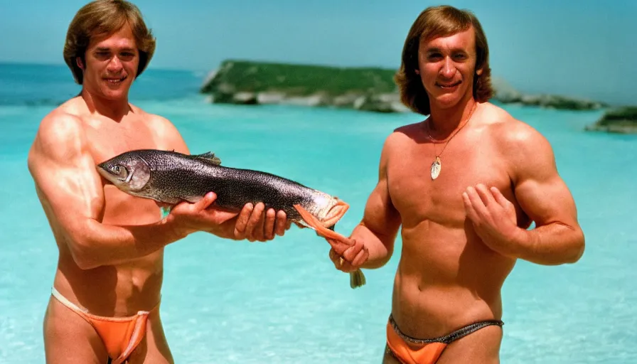 Prompt: 7 0 s movie still of putin in speedo, proudly holding a salmon, focus on his grin. cinestill 8 0 0 t _ 3 5 mm eastmancolor, heavy grain, high quality, high detail