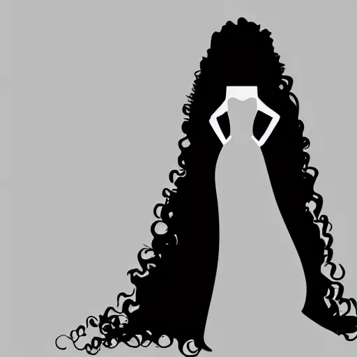 Image similar to a black and white drawing of the silhouette of a woman with long curly hair using a dress