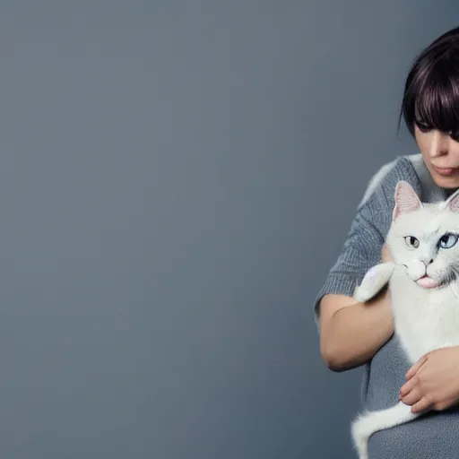 Prompt: A beautiful woman with light blue short messy hair with bangs holding a grey and white cat, full body portrait, highly detailed, excellent composition, dramatic lighting, realistic 4k