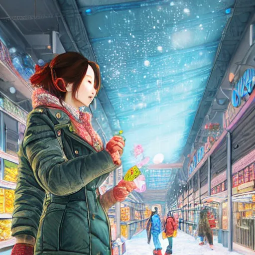Image similar to the portrait a beautiful grocery young asia woman in down jacket, the background is a grocery store, winter, illustration by kim jung gi, irakli nadar, intricate linework, bright colors, octopath traveler, wenjun lin, unreal engine 5 highly rendered, global illumination, radiant light, detailed and intricate environment