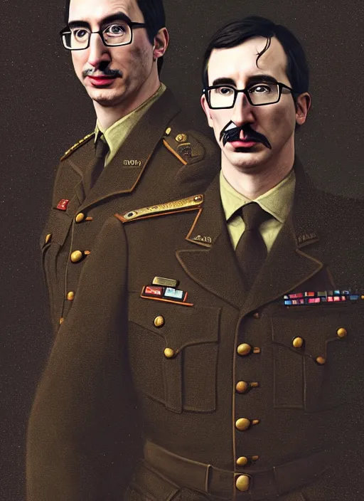 Prompt: a portrait of john oliver and adam driver posing together, stoic, military uniform, fantasy, intricate, elegant, beautiful, highly detailed, centered, digital painting, artstation, concept art, smooth, sharp focus, illustration, art style by klimt and nixeu and ian sprigger and wlop and krenz cushart