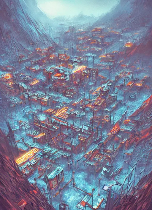 Prompt: abandoned cyberpunk village on a mountain bird eye view bird artwork by anato finnstark