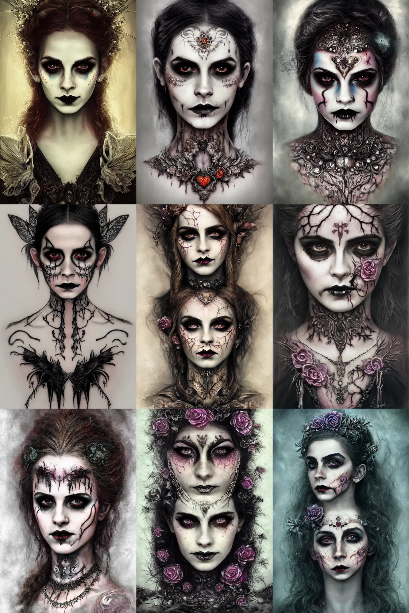Prompt: portrait of gothic zombie fairy, symmetric, facepaint facepaint facepaint, intricate jewelry, trending on artstation 4 k, high quality, in the style of karol bak and tom bagshaw, bust with face of emma watson, tattoos
