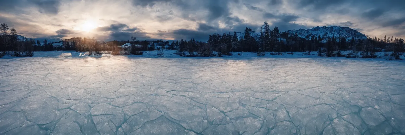 Prompt: amazing landscape photo of A gigantic monster trapped under the ice transparent frozen lake at sunset beautiful dramatic lighting