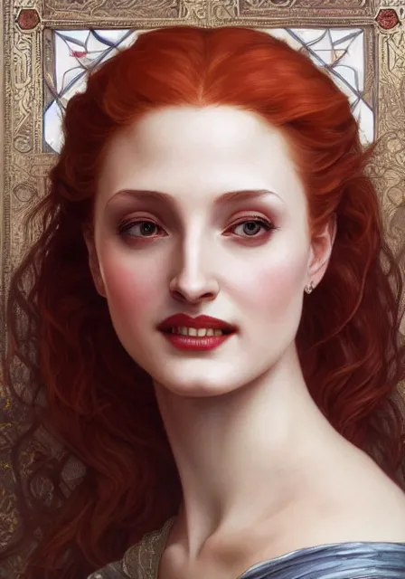 Image similar to sansa angeline jolie gessica chastain vampire teeth, intricate, elegant, highly detailed, digital painting, artstation, concept art, smooth, sharp focus, illustration, art by artgerm and greg rutkowski and alphonse mucha and william - adolphe bouguereau