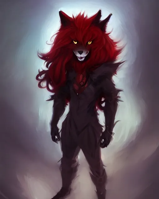 Image similar to character concept art of a black anthropomorphic male wolf long red hair | | cute - fine - face, pretty face, key visual, realistic shaded perfect face, fine details by stanley artgerm lau, wlop, rossdraws, james jean, andrei riabovitchev, marc simonetti, and sakimichan, trending on artstation