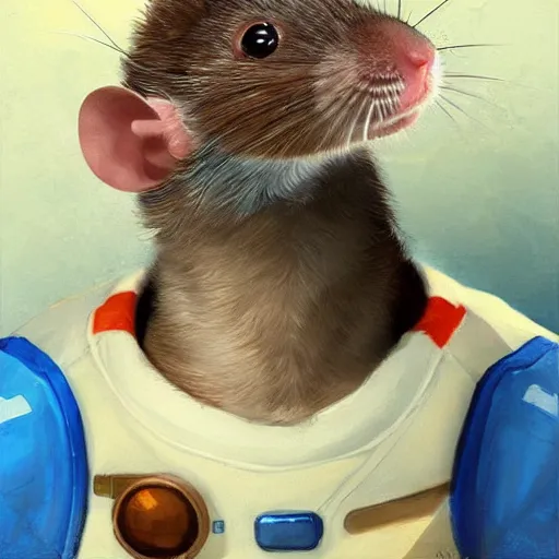 Image similar to a masterpiece portrait of a cute adorable brown rat wearing a blue spacesuit, surreal background, digital art by krenz cushart, trending on artstation, cgsociety