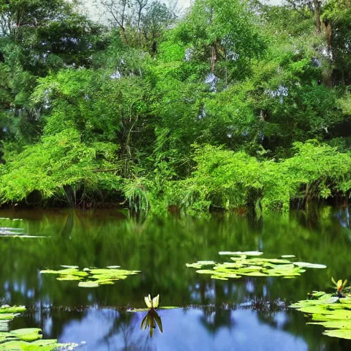 Image similar to a pond with water lillies in the forest, photorealistic,