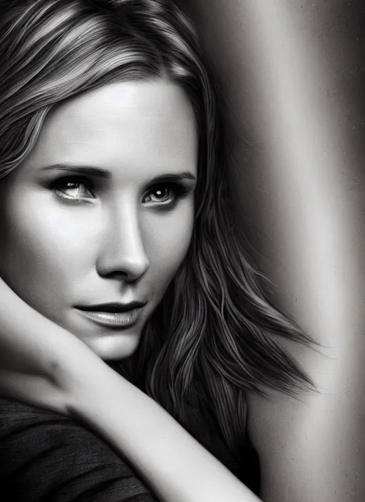 Image similar to a combination of kristen bell and cobie smulders, portrait, intricate, highly detailed, elegant, 8 k, digital art, trending on artstation, smooth, sharp focus