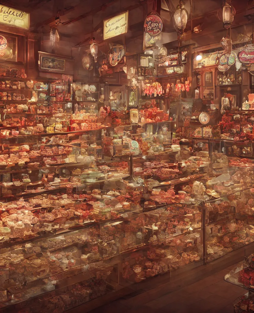 Image similar to Inside an old fashioned sweet shop, fantasy vendor interior, wide angle, cinematic shot, highly detailed, cinematic lighting , photorealistic, trending on cgsociety and unreal engine