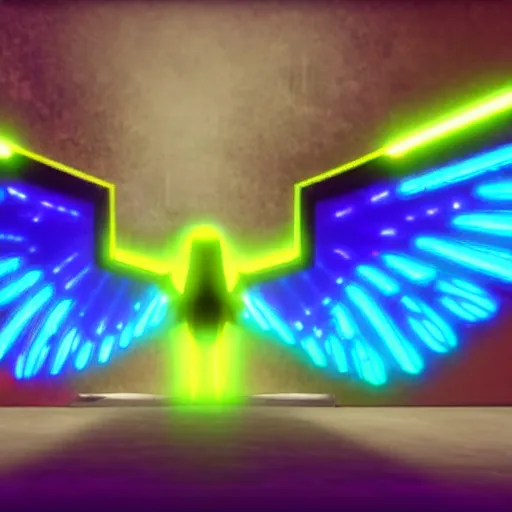 Image similar to a cybertronic duck,metallic, glowing, neon wings, unreal engine