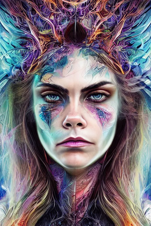 Prompt: !dream an absolutely gorgeous portrait of Cara Delevigne by Android Jones, wings, fractals, Gorgeous colors, face symmetry, insane detail, gorgeous colors, strong composition, awe inspiring lighting, psychedelic, volumetric light, symmetry, subsurface scattering